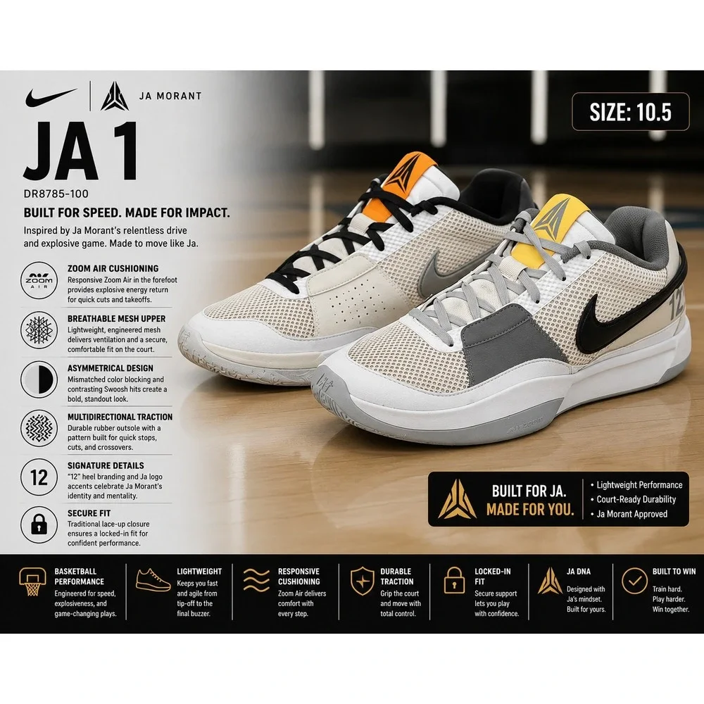 Nike Ja 1 Light Smoke Grey Men 10.5 Basketball Shoes White Black Mesh DR8785-10